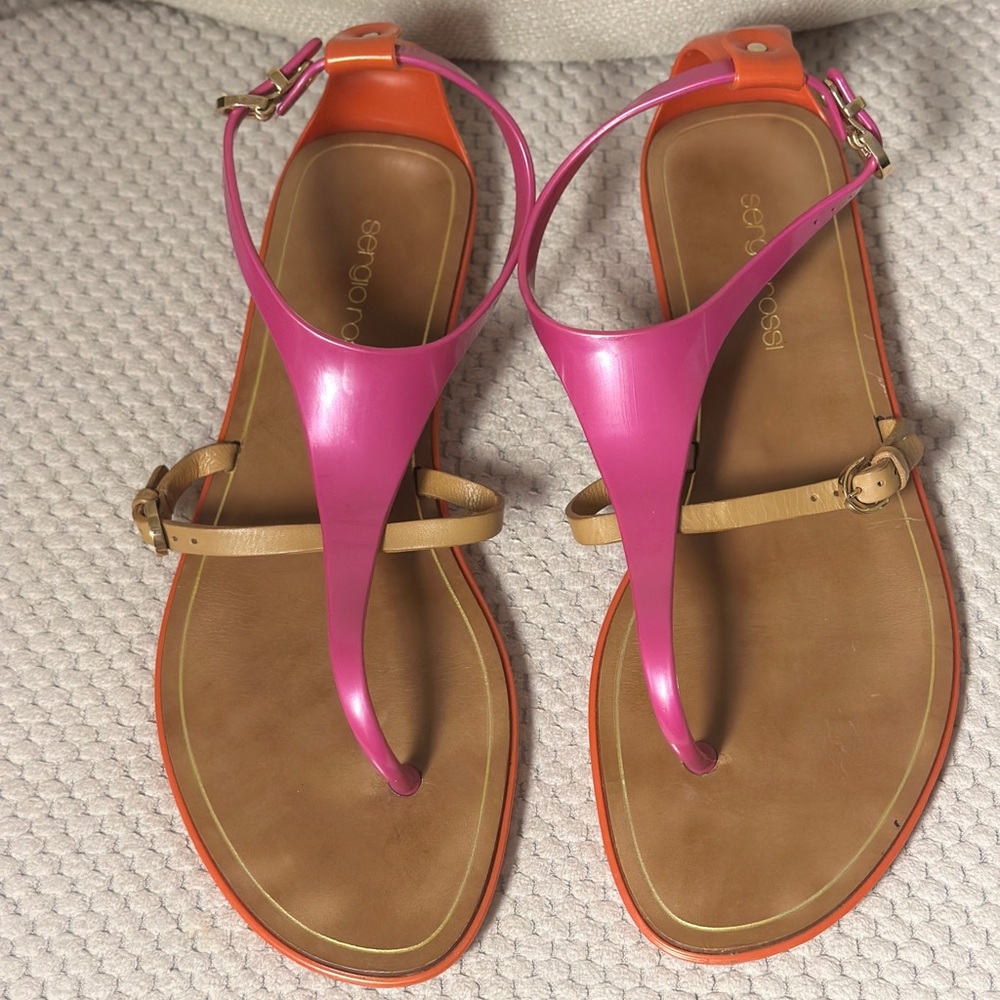 Sergio Rossi Pink and Orange Sandals with T-Strap Design